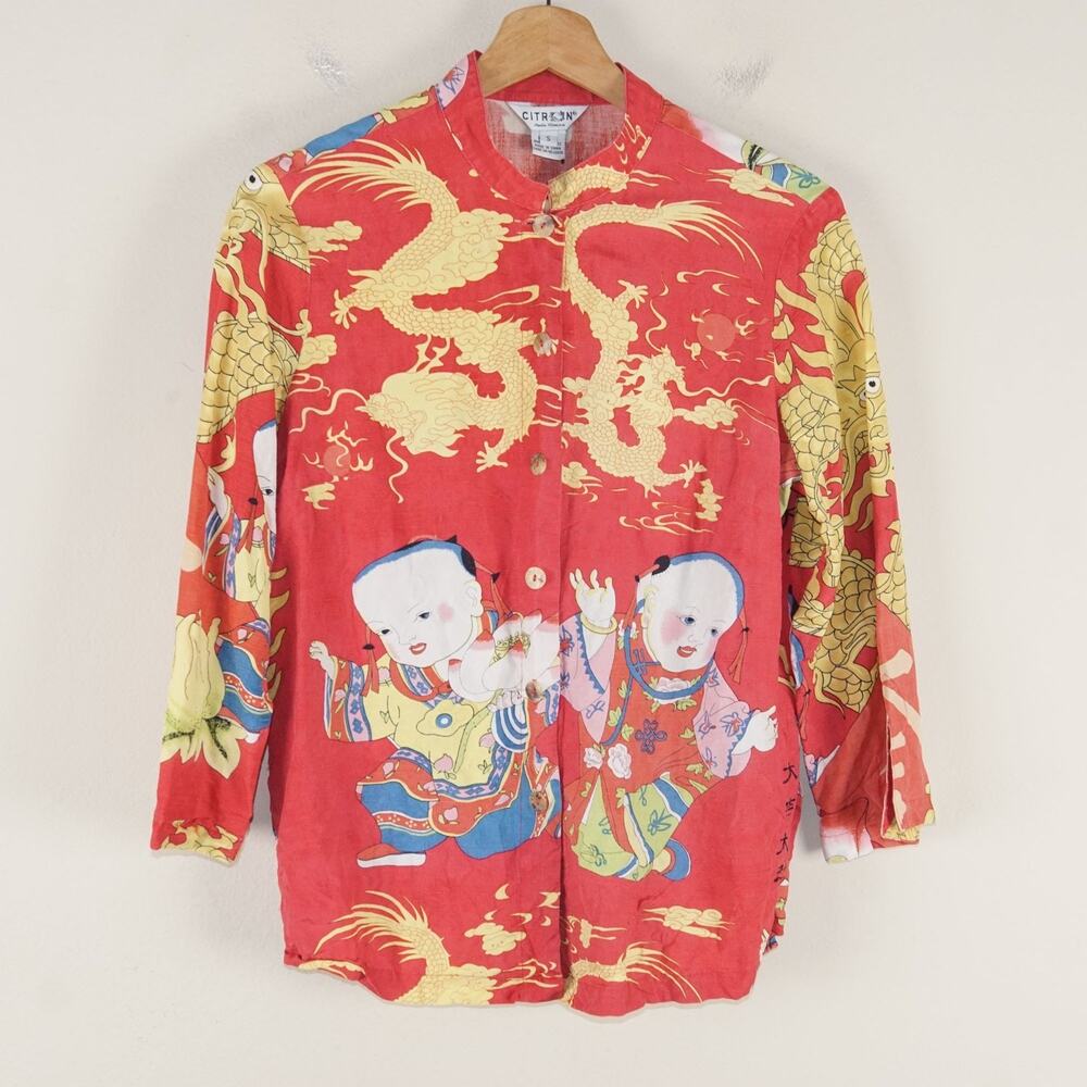 VTG Citron Chinese Art to Wear Print Red Linen Silk Button Blouse Sz S Read Desc